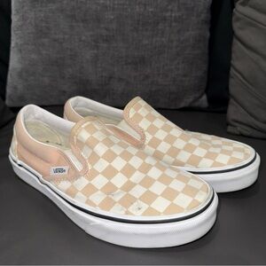 Vans Beige and White Checkered Slip-Ons